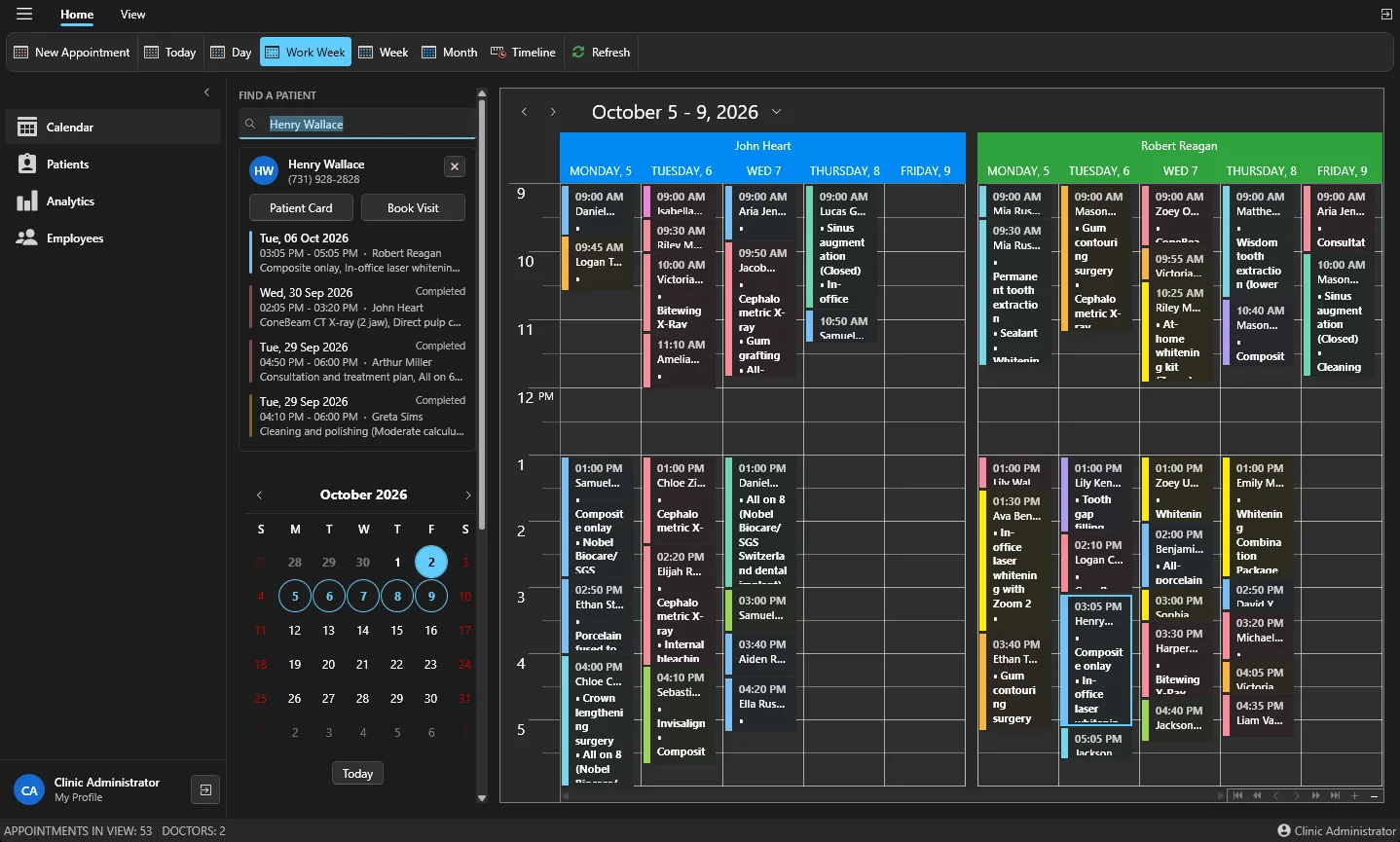 Clinic calendar showing two doctors’ work weeks side by side with a patient search panel