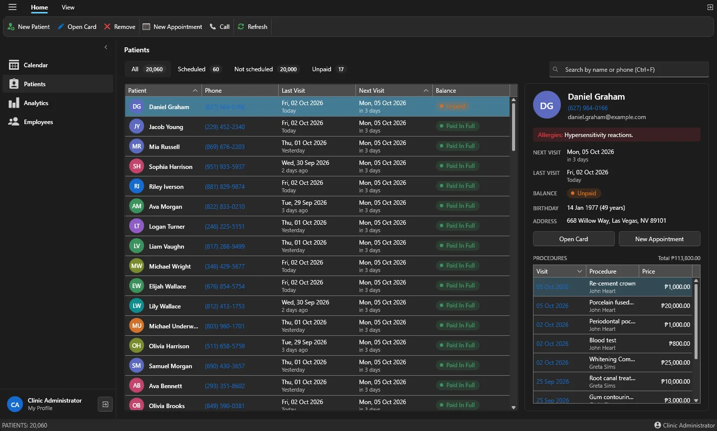 DentistaSync patient list with quick filters, payment status and a patient preview pane