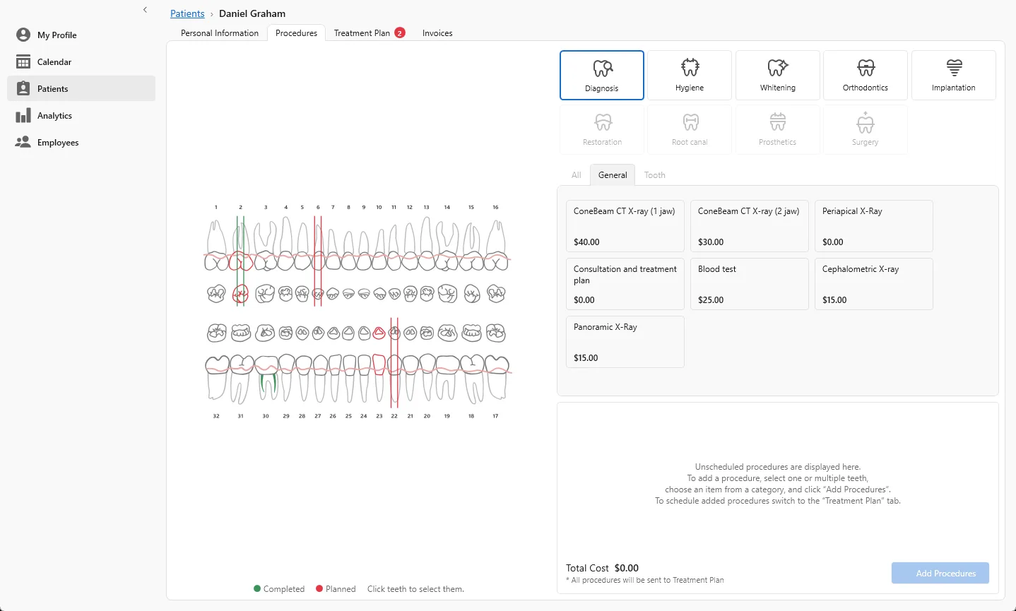 Interactive dental chart next to a procedure catalog grouped by category