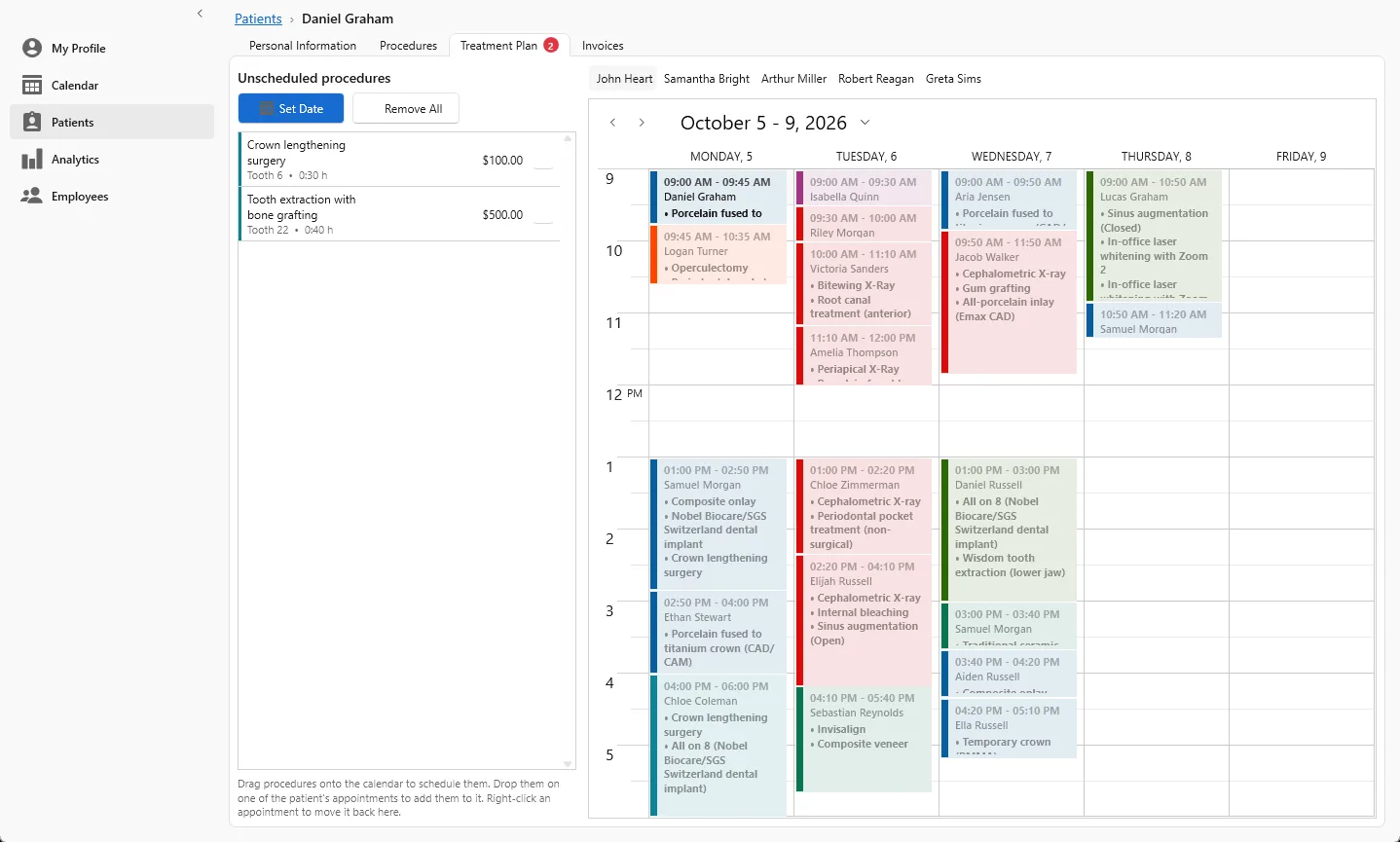 Treatment plan with unscheduled procedures beside a doctor’s weekly calendar